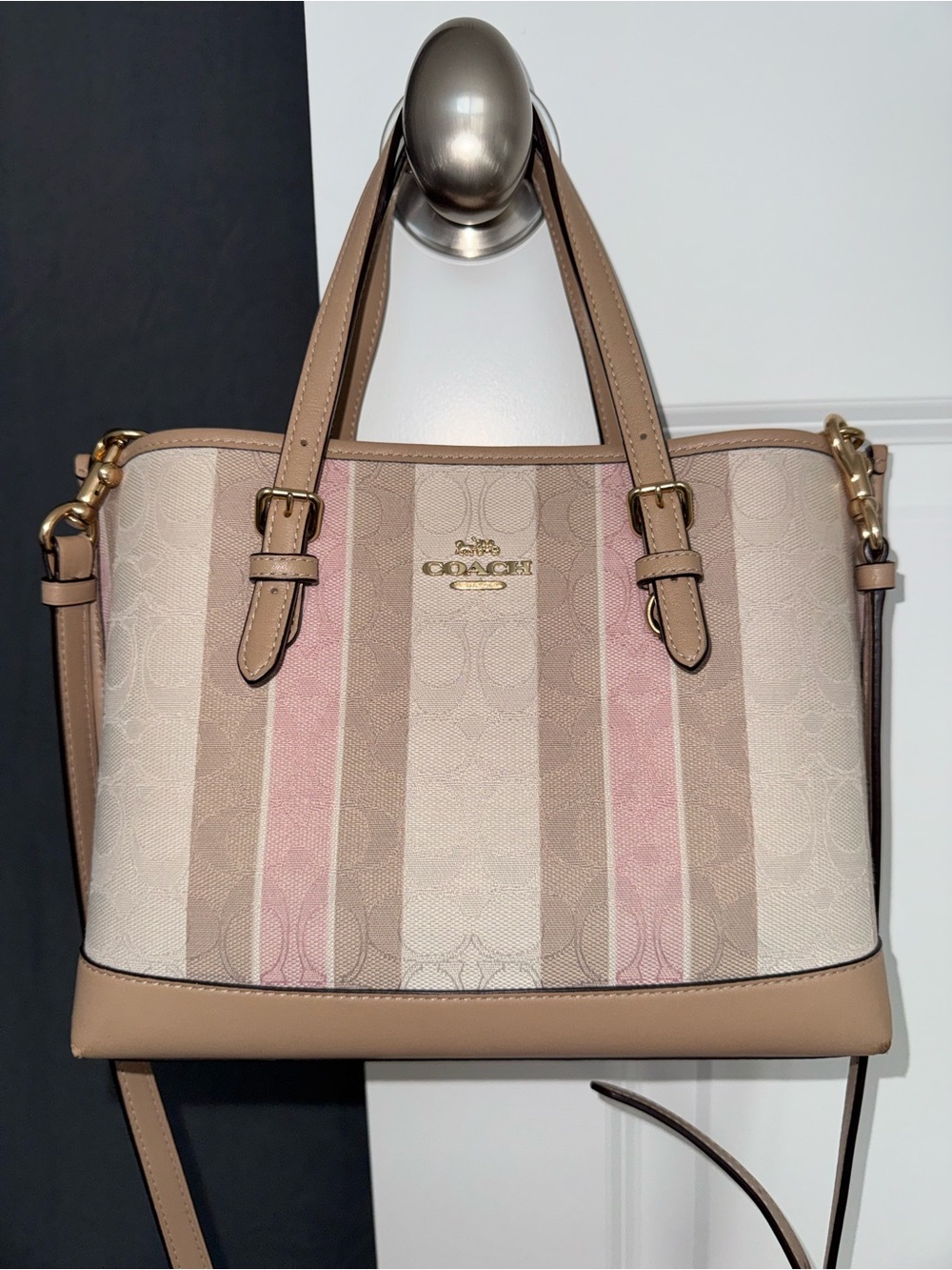 COACH Heritage Signature Horse Stripe Tote Pink & Beige